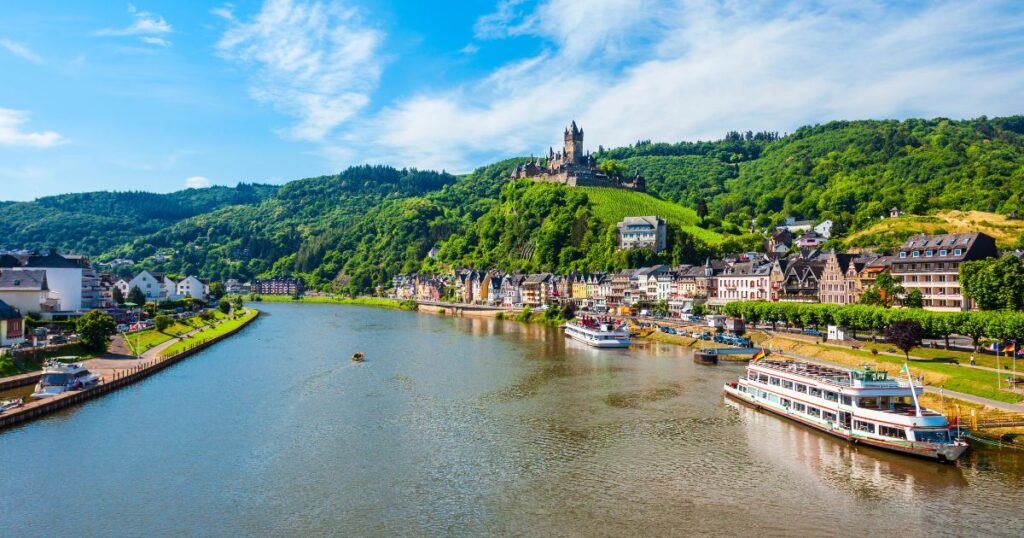 Hohenzollern Castle Reconstruction cochem castle, germany - exterior view from river
